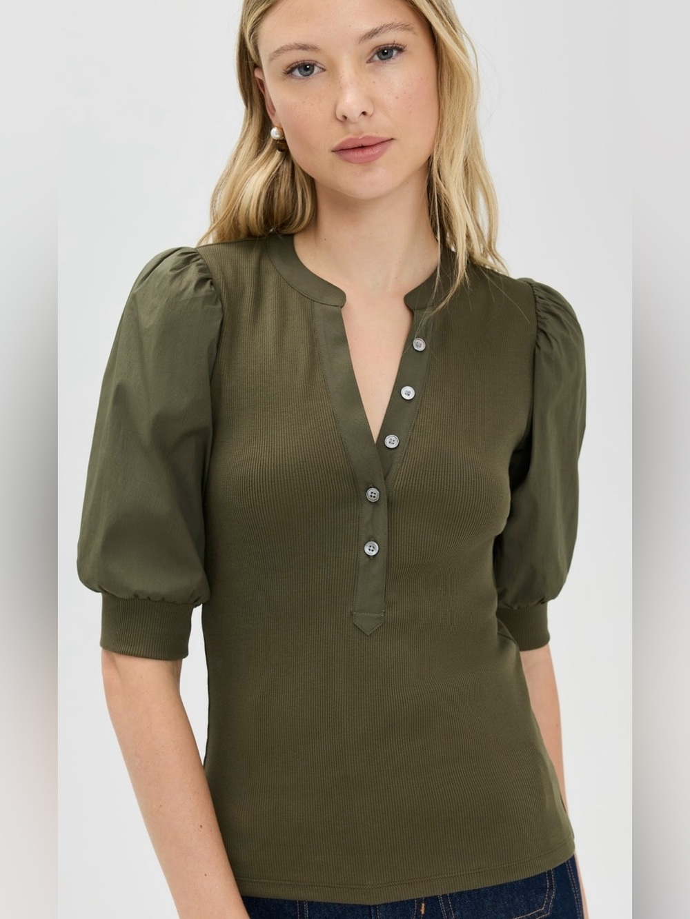 NWT Veronica Beard Coralee Laurel Green Ribbed Puff Sleeve Top XS